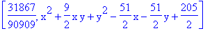 [31867/90909, x^2+9/2*x*y+y^2-51/2*x-51/2*y+205/2]